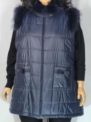 Дамски макси  зимен елек  в големи размери с ефектни кожи в тъмно синьо   06 00279