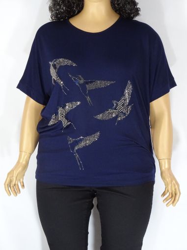 Дамска макси  блуза в големи размери от трико с интересна щампа от камъчета в тъмно синьо 01 01283