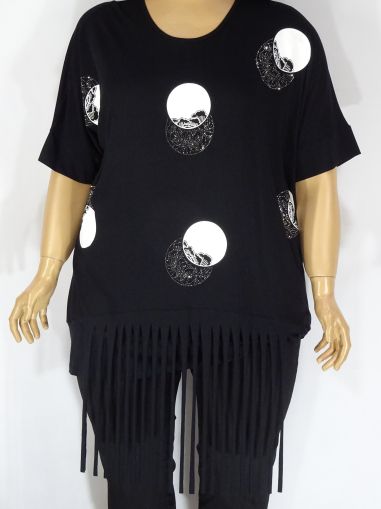 Дамска макси  блуза в големи размери от трико с интересна щампа  камъчета и ресни в черно 01 01284