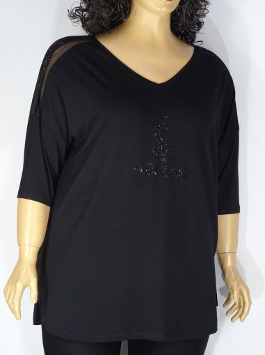 Дамска макси блуза в големи размери от  трико с тюл и камъчета и интересен гръб  01 01336