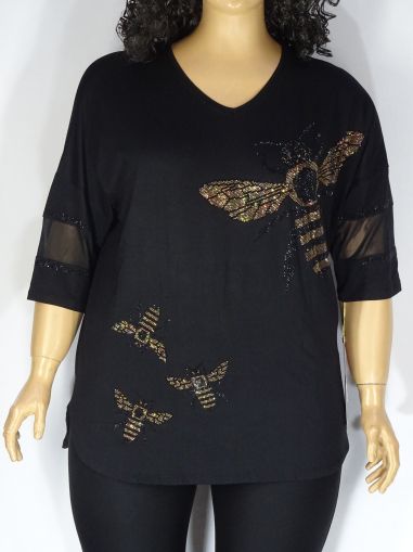 Дамска макси блуза в големи размери от  трико с тюл и камъчета на ръкава и щампа камъчета пчела  01 01338