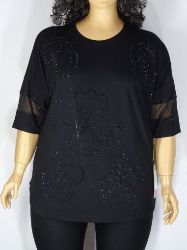 Дамска макси блуза в големи размери от  трико с камъчета и тюл на ръкава 01 01346