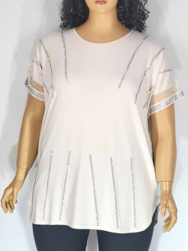 Дамска макси блуза в големи размери от  трико с къс ръкав с тюл и щампа от камъчета в екрю   01 01396