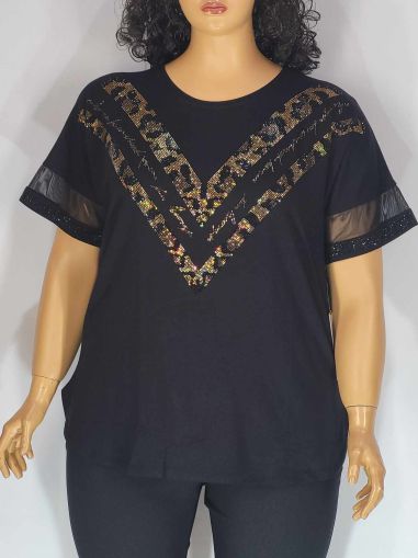 Дамска макси блуза в големи размери от  трико с къс ръкав,тюл и тигрова щампа от камъчета в черно   01 01398