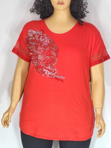 Дамска макси блуза в големи размери от  трико с къс ръкав,тюл и  щампа от камъчета в червено   01 01399