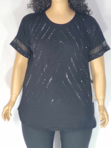 Дамска макси блуза в големи размери от  трико с къс ръкав,тюл и  щампа от камъчета  в черно   01 01411