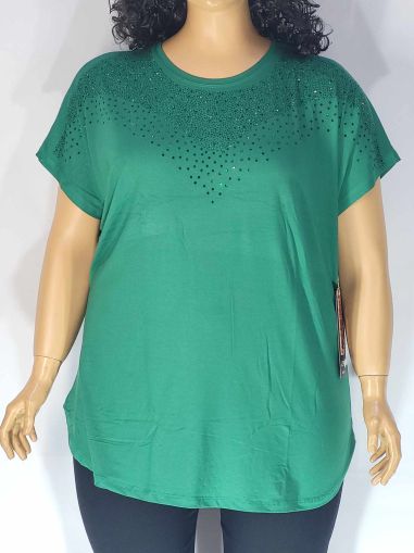 Дамска макси блуза в големи размери от  трико с къс ръкав и камъчета в зелено  01 01412