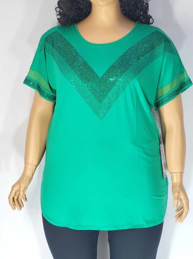 Дамска макси блуза в големи размери от  трико с къс ръкав,тюл и  щампа от камъчета  в зелено   01 01414