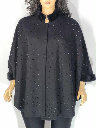 Дамско макси пончо в големи размери  от плетена материя еко кожа и перли 06 00276