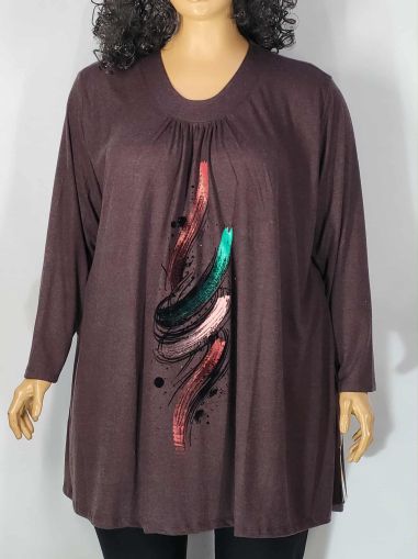 Дамски макси разкроен блузон в супер големи размери с щампа и камъчета от кашмирено трико в кафяво   01 01522