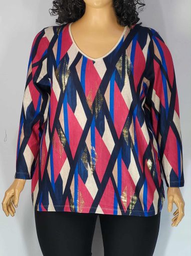 Дамска макси блуза в големи размери тип плетка шпиц с интересна щампа   01 01532