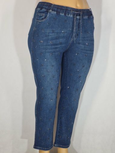 Дамски макси  дънки в големи размери с щампа камъчета сърца  в класическо синьо с връзки  02 00563