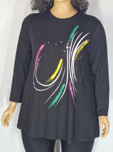 Дамска макси блуза в големи размери трико в черно с щампа   01 01537