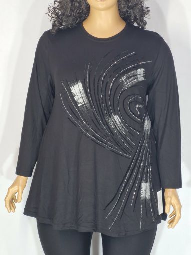 Дамска макси блуза в големи размери от трико в черно с щампа камъчета   01 01542