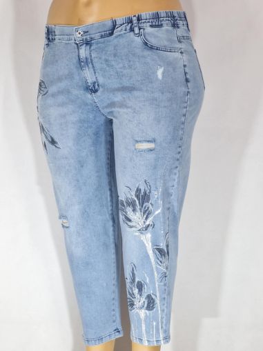 Дамски макси дънки в големи размери с  интересна щампа цветя и камъни в синьо 02 00573