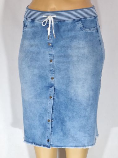 Дамска макси еластична дънкова  права пола в големи размери  с връзки на ластик с ефект копчета отпред  в   синьо 04 00112