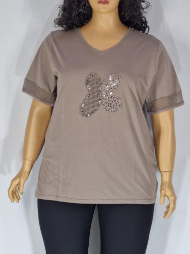 Дамска макси  блуза варен памук с  къс ръкав  в големи размери с шпиц деколте в бежаво 10 00110