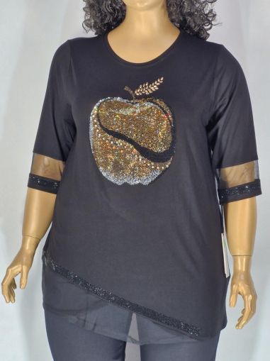 Дамска макси блуза в големи размери от  трико с 3/4 ръкав,тюл и  щампа от камъчета ябълка  в черно   10 00118