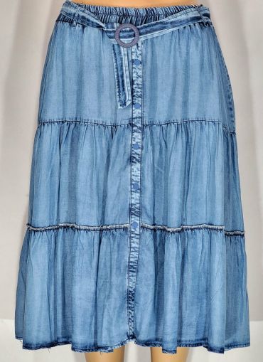 Дамска макси  тънка дълга дънкова  пола в големи размери на волани и ластик  04 00115