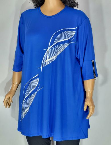 Дамски макси разкроен блузон в супер големи размери с щампа в синьо 10 00127
