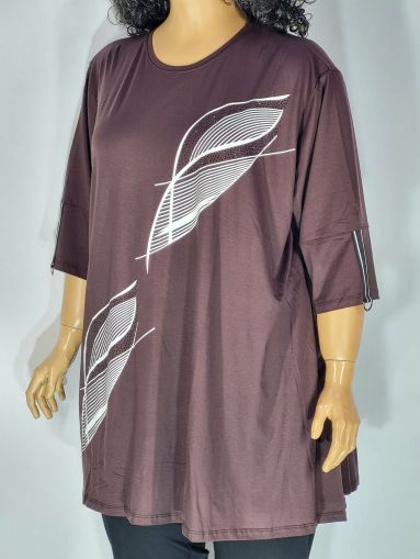 Дамски макси разкроен блузон в супер големи размери с щампа в кафяво 10 00129