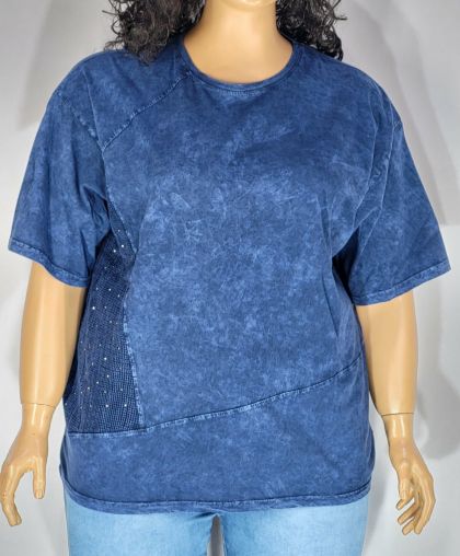 Дамска макси  блуза варен памук с  къс ръкав  в големи размери изчистена с мрежа в синьо 10 00132