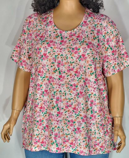 Дамска макси  блуза с  къс ръкав  в големи размери с интересна  щампа цветя  10 00143