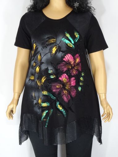 Дамска макси блуза в големи размери от финно трико с щампа и камъчета   01 01072