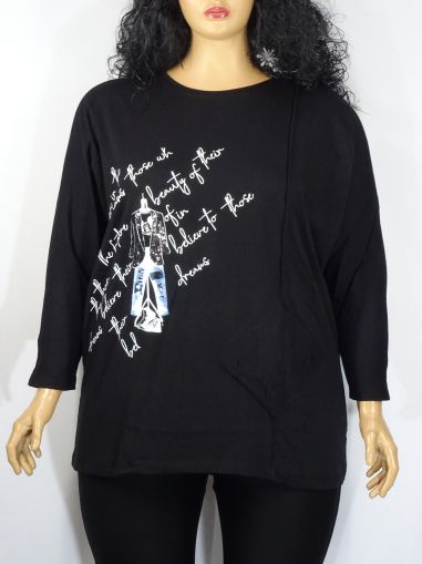 Дамска макси блуза от тънко трико с щампа надпис и камъчета 01 01115