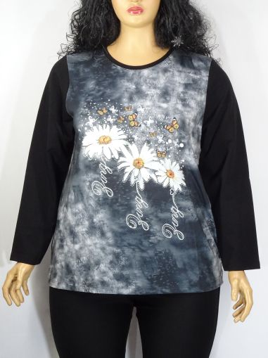 Дамска макси блуза в големи размери от  трико с щампа и камъчета 01 01118