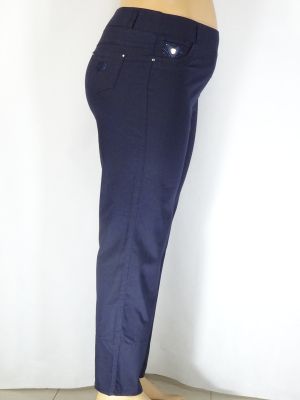 Дамски макси  еластичен панталон в големи размери с интересна бродерия на джобовете в тъмно синьо  03 00407
