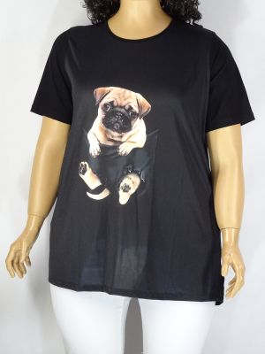 Дамска макси леко разкроена блуза в големи размери с щампа на кученце 01 01253