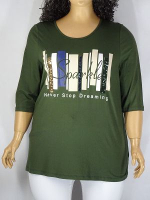 Дамска макси блуза в големи размери с щампа и камъчета в маслено зелено  01 01255