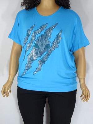 Дамска макси  блуза в големи размери от трико с интересна щампа от камъчета в синьо 01 01278