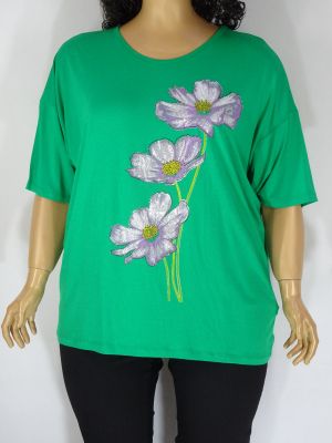 Дамска макси  блуза в големи размери от трико с интересна щампа цветя и камъчета в зелено 01 01280