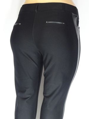 Дамски макси зимен еластичен панталон в големи размери с кожен кант и капси по крачолите  03 00426