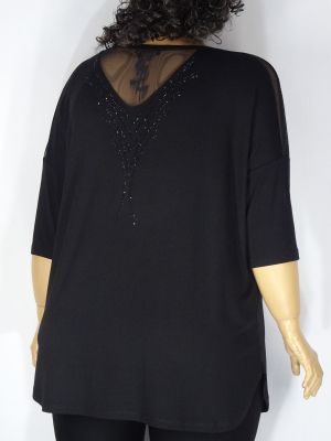 Дамска макси блуза в големи размери от  трико с тюл и камъчета и интересен гръб  01 01336