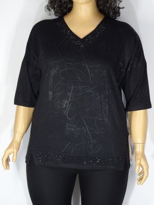 Дамска макси блуза в големи размери от  трико с камъчета и шпиц деколте  01 01337