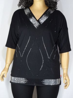 Дамска макси блуза в големи размери от  трико с камъчета и шпиц деколте  01 01342