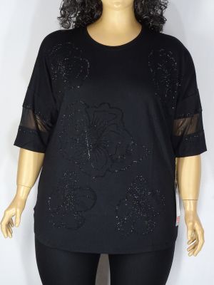 Дамска макси блуза в големи размери от  трико с камъчета и тюл на ръкава 01 01346
