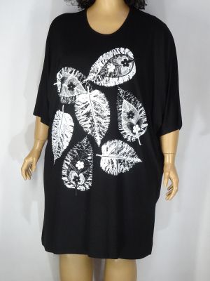 Дамски макси дълъг блузон /къса рокля/ в големи размери от  трико с интересна апликация от листа и цветя  01 01361