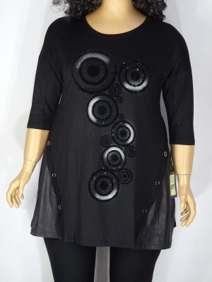 Дамски макси дълъг блузон с 7/8 ръкав в големи размери с щампа и камъчета в черно 01 01365