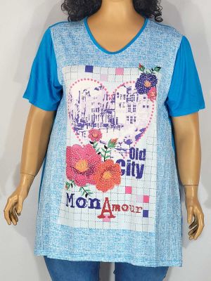 Дамска макси блуза с къс ръкав в големи размери с щампа и камъчета в синьо 01 01372