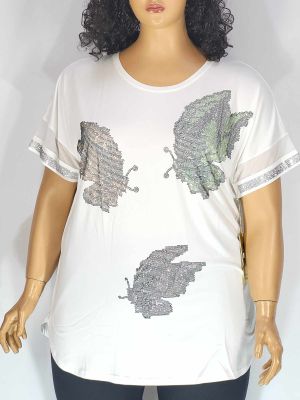 Дамска макси блуза в големи размери от  трико с къс ръкав,тюл и щампа от камъчета пеперуда в бяло  01 01388