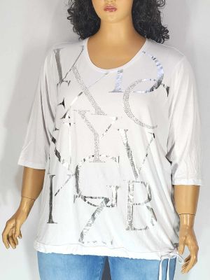 Дамска макси  блуза с 3/4 ръкав  в големи размери с щампа и камъчета в бяло 01 01403