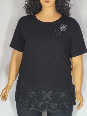Дамска макси блуза в големи размери от  трико с къс ръкав и интересна апликация в предната част   01 01392