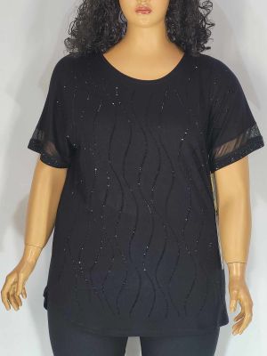 Дамска макси блуза в големи размери от  трико с къс ръкав с тюл и щампа от камъчета   01 01393