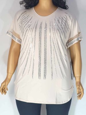 Дамска макси блуза в големи размери от  трико с къс ръкав,тюл и  щампа от камъчета в екрю   01 01409