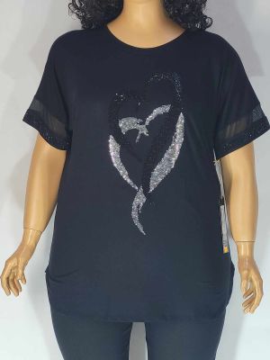Дамска макси блуза в големи размери от  трико с къс ръкав,тюл и  щампа от камъчета сърца в черно   01 01410