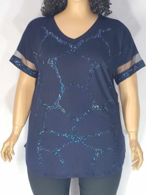 Дамска макси блуза в големи размери от  трико с къс ръкав,  щампа и камъчета в синьо   01 01413
